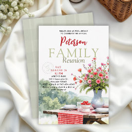 Family Reunion Picnic Floral Red Gingham Modern 招待状