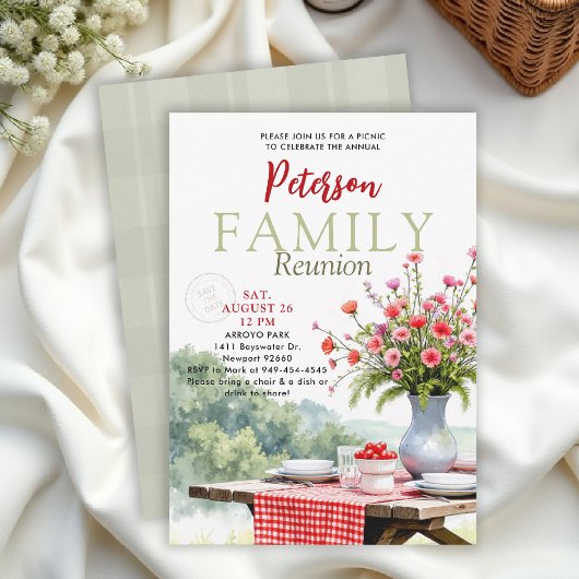 Family Reunion Picnic Floral Red Gingham Modern 招待状