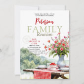 Family Reunion Picnic Floral Red Gingham Modern 招待状 (正面)