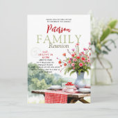 Family Reunion Picnic Floral Red Gingham Modern 招待状 (スタンド正面)