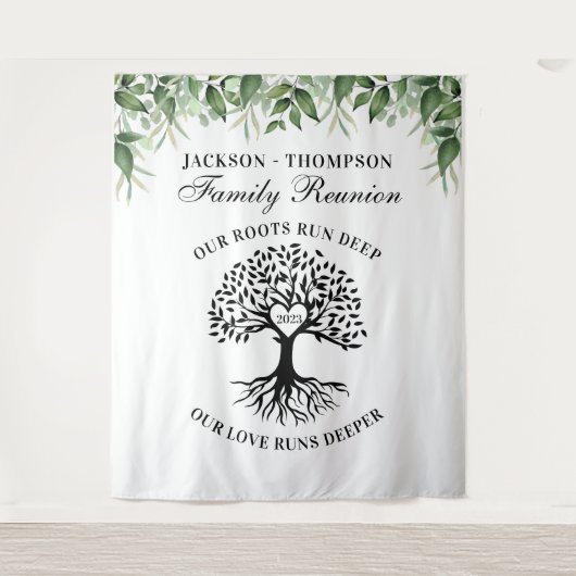 Family reunion tree greenery backdrop banner タペストリー (正面)