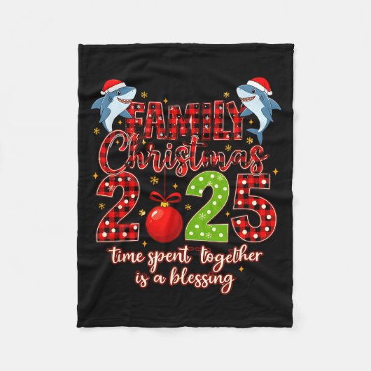 Family Shark Christmas 2025 Santa Merry Time Spent フリースブランケット (正面)