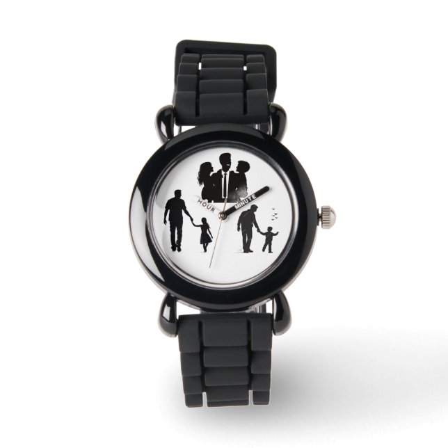 Family Silhouette Art Watch – Stylish Black Band 腕時計 (正面)