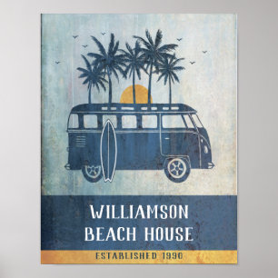 Family Summer Beach House Retro Van Monogrammed Po ポスター
