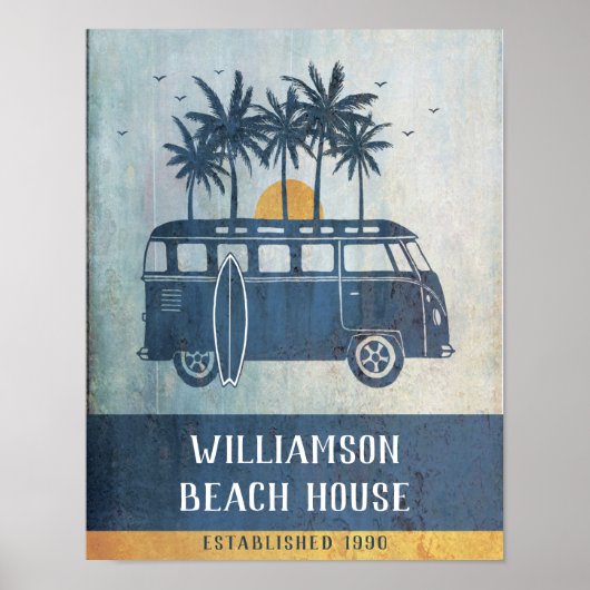 Family Summer Beach House Retro Van Monogrammed Po ポスター (正面)