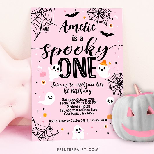 Famoso uno, primer cumpleanos, Halloween rosa 招待状