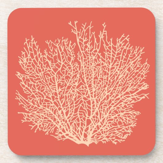 Fan Coral Print, Peach on Deep Coral  Orange コースター (正面)