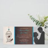 Fanciful Bird Cageチョコレート&ティール（緑がかった色）フォト結婚ズ 招待状 (スタンド正面)