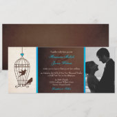 Fanciful Bird Cageチョコレート&ティール（緑がかった色）フォト結婚ズ 招待状 (正面/裏面)