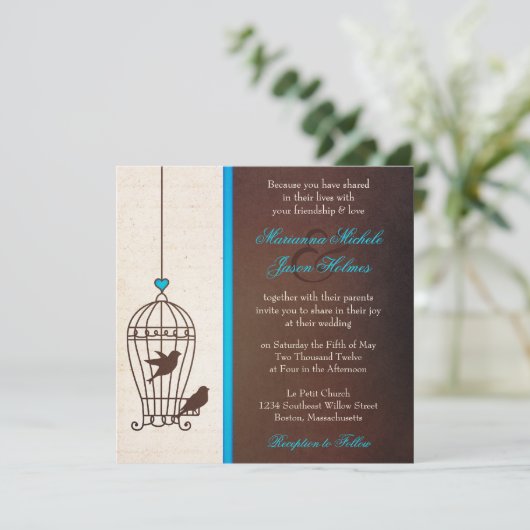 Fanciful Bird Cage – チョコレート&ティール(緑がかった色)ブルー結婚ズ 招待状 (スタンド正面)