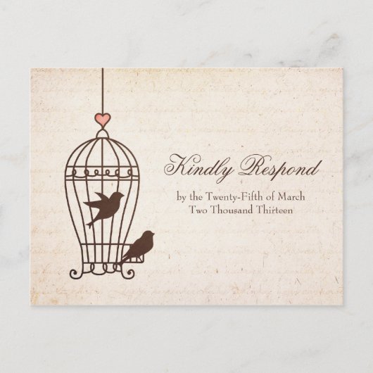 Fanciful Bird Cage – チョコレート&ピンクウェディングRSVP インビテーションポストカード (正面)