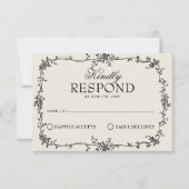 Fancy Black Cream Floral Boho Wedding RSVP (正面)