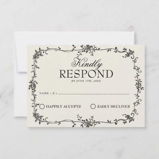 Fancy Black Cream Floral Boho Wedding RSVP (正面)