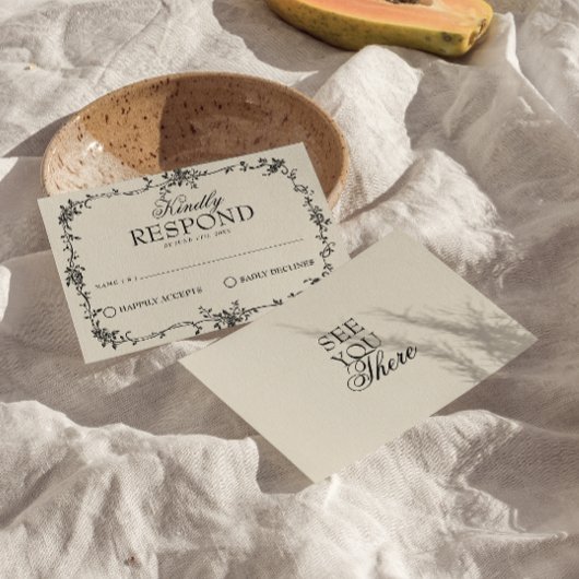 Fancy Black Cream Floral Boho Wedding RSVP