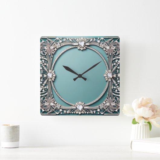 Fancy Blue Jeweled Look スクエア壁時計 (ホーム)