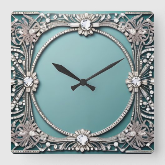 Fancy Blue Jeweled Look スクエア壁時計 (正面)