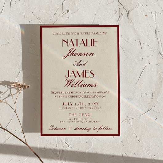 Fancy Burgundy Cream Classy Old Money Wedding 招待状