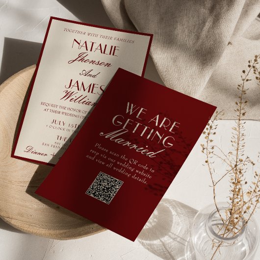 Fancy Burgundy Cream Old Money QR Code Wedding 招待状