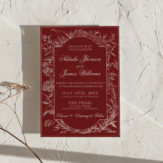 Fancy Burgundy Floral QR Code Photo Wedding 招待状