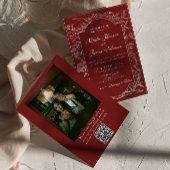 Fancy Burgundy Floral QR Code Photo Wedding 招待状