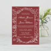 Fancy Burgundy Floral QR Code Photo Wedding 招待状 (スタンド正面)