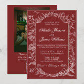 Fancy Burgundy Floral QR Code Photo Wedding 招待状 (正面/裏面)