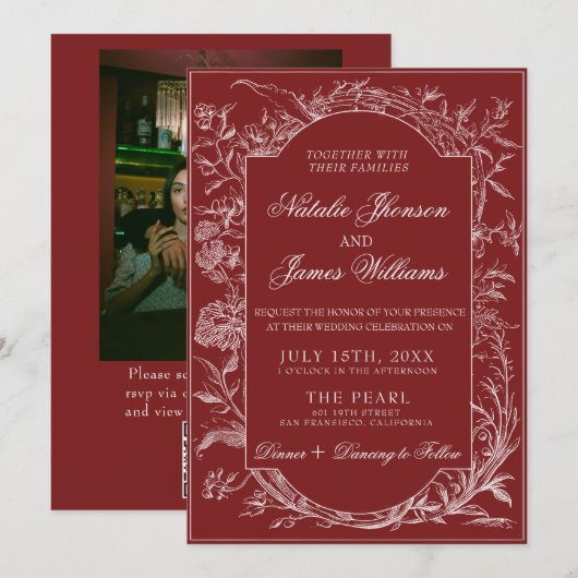 Fancy Burgundy Floral QR Code Photo Wedding 招待状 (正面/裏面)