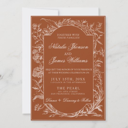 Fancy Burnt Orange Floral Boho Terracotta Wedding 招待状 (正面)