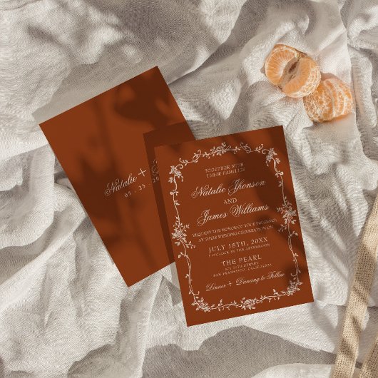 Fancy Burnt Orange Floral Boho Terracotta Wedding 招待状