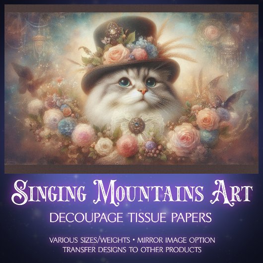 Fancy Cat in Victorian Hat Floral Decoupage  薄葉紙