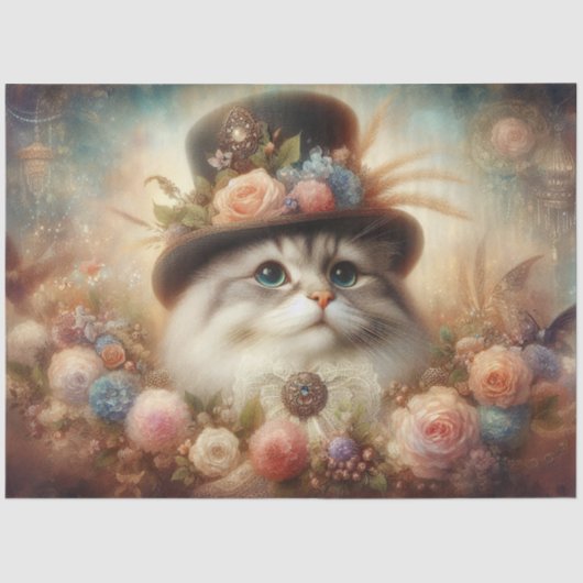 Fancy Cat in Victorian Hat Floral Decoupage  薄葉紙 (正面)
