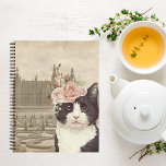 Fancy Cat & The Castle Bullet Journal ノートブック<br><div class="desc">Whimsical bullet journal features vintage sepia tint background photo of  a castle with manicured gardens and  overlay of beautiful fancy black and white cat with floral crown</div>