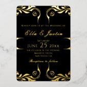Fancy Chic Faux Gold Border On Black Wedding 箔招待状 (正面)