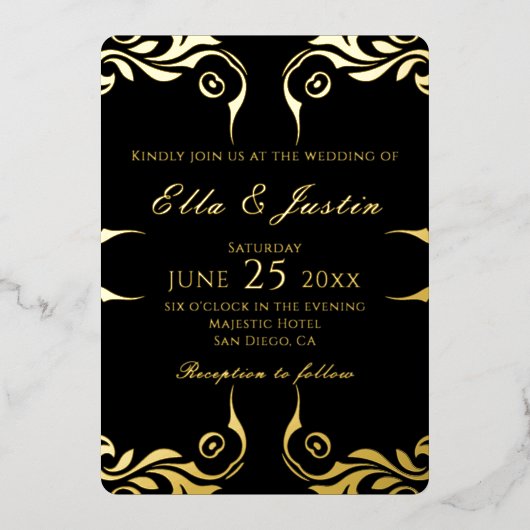Fancy Chic Faux Gold Border On Black Wedding 箔招待状 (正面)