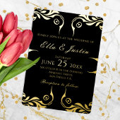 Fancy Chic Faux Gold Border On Black Wedding 箔招待状