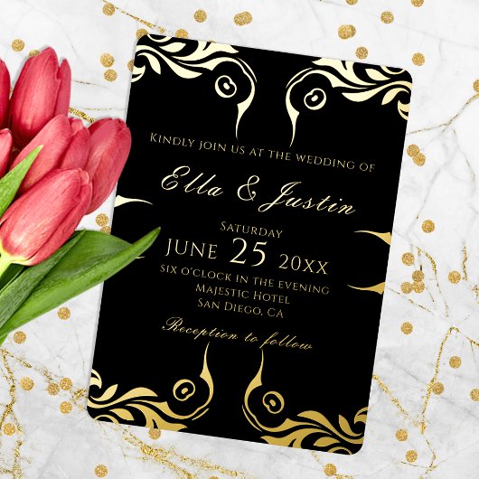Fancy Chic Faux Gold Border On Black Wedding 箔招待状