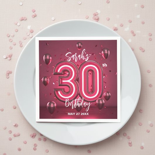 Fancy Chic Glam Metallic Neon Pink 30th Birthday スタンダードカクテルナプキン