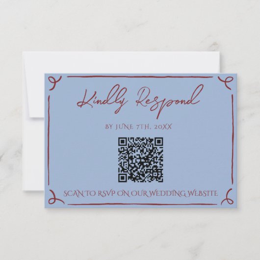 Fancy Deep Red Blue Frame Whimsy Wedding QR Code 出欠カード (正面)