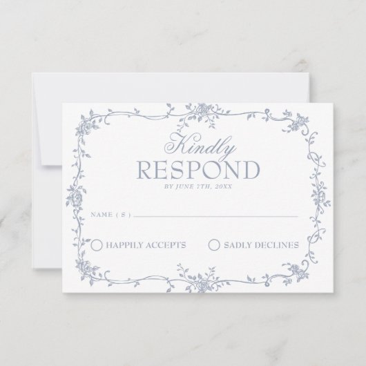 Fancy Dusty Blue Floral Boho Wedding RSVP (正面)