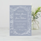 Fancy Dusty Blue Floral QR Code Photo Wedding 招待状 (スタンド正面)