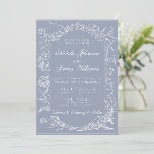 Fancy Dusty Blue Floral QR Code Photo Wedding 招待状 (スタンド正面)