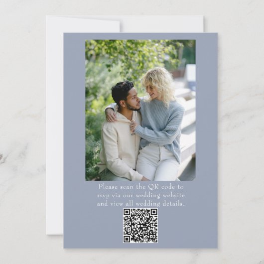 Fancy Dusty Blue Floral QR Code Photo Wedding 招待状 (裏面)