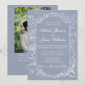 Fancy Dusty Blue Floral QR Code Photo Wedding 招待状 (正面/裏面)