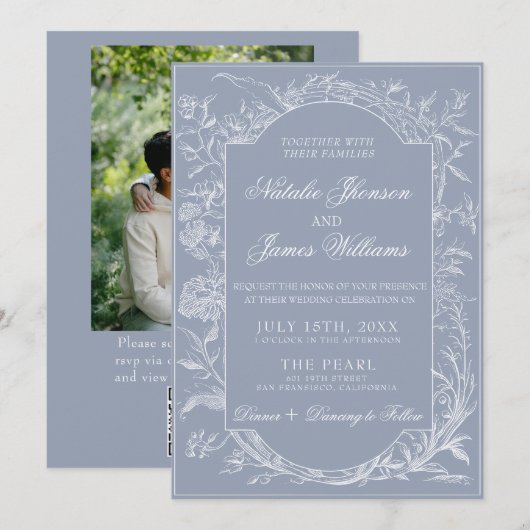 Fancy Dusty Blue Floral QR Code Photo Wedding 招待状 (正面/裏面)