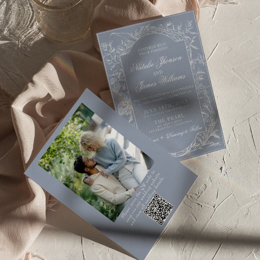 Fancy Dusty Blue Floral QR Code Photo Wedding 招待状