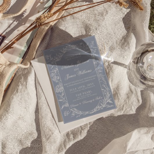 Fancy Dusty Blue Floral QR Code Photo Wedding 招待状