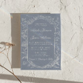 Fancy Dusty Blue Floral QR Code Photo Wedding 招待状