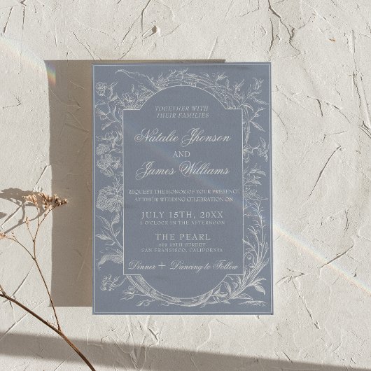 Fancy Dusty Blue Floral QR Code Photo Wedding 招待状