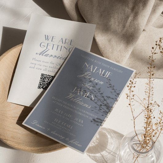 Fancy Dusty Blue Old Money Classic QR Code Wedding 招待状
