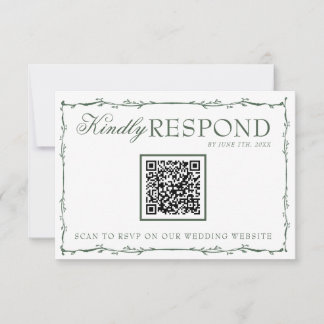 Fancy Emerald Green Branches Boho QR Code Wedding 出欠カード